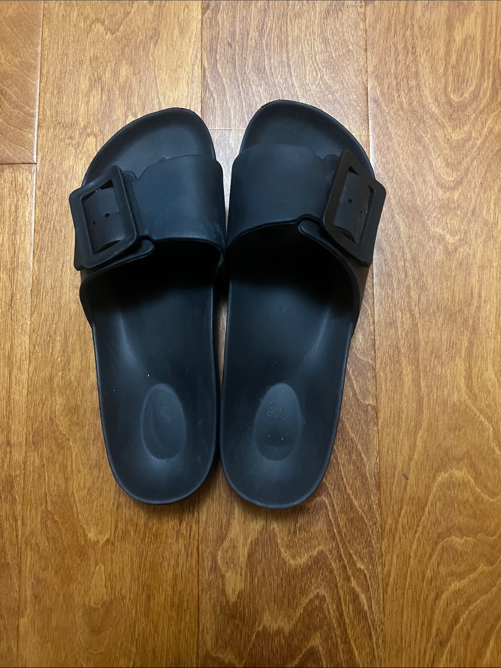 Black Slide Sandals with Buckle Strap